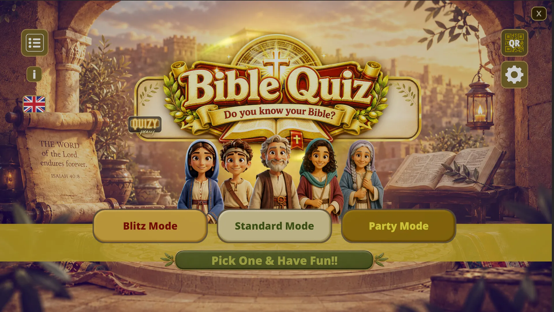 The Bible Quiz Trivia game screen with a Scripture question ready to play