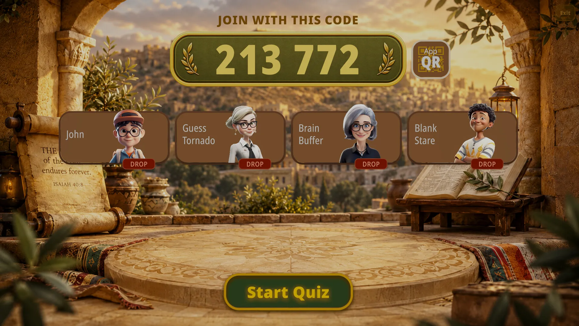 Players joining a Bible Quiz Trivia game with a room code