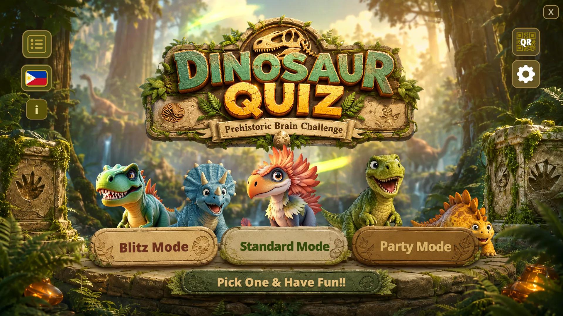 The Dinosaur Quiz Trivia game screen with a dinosaur question ready to play
