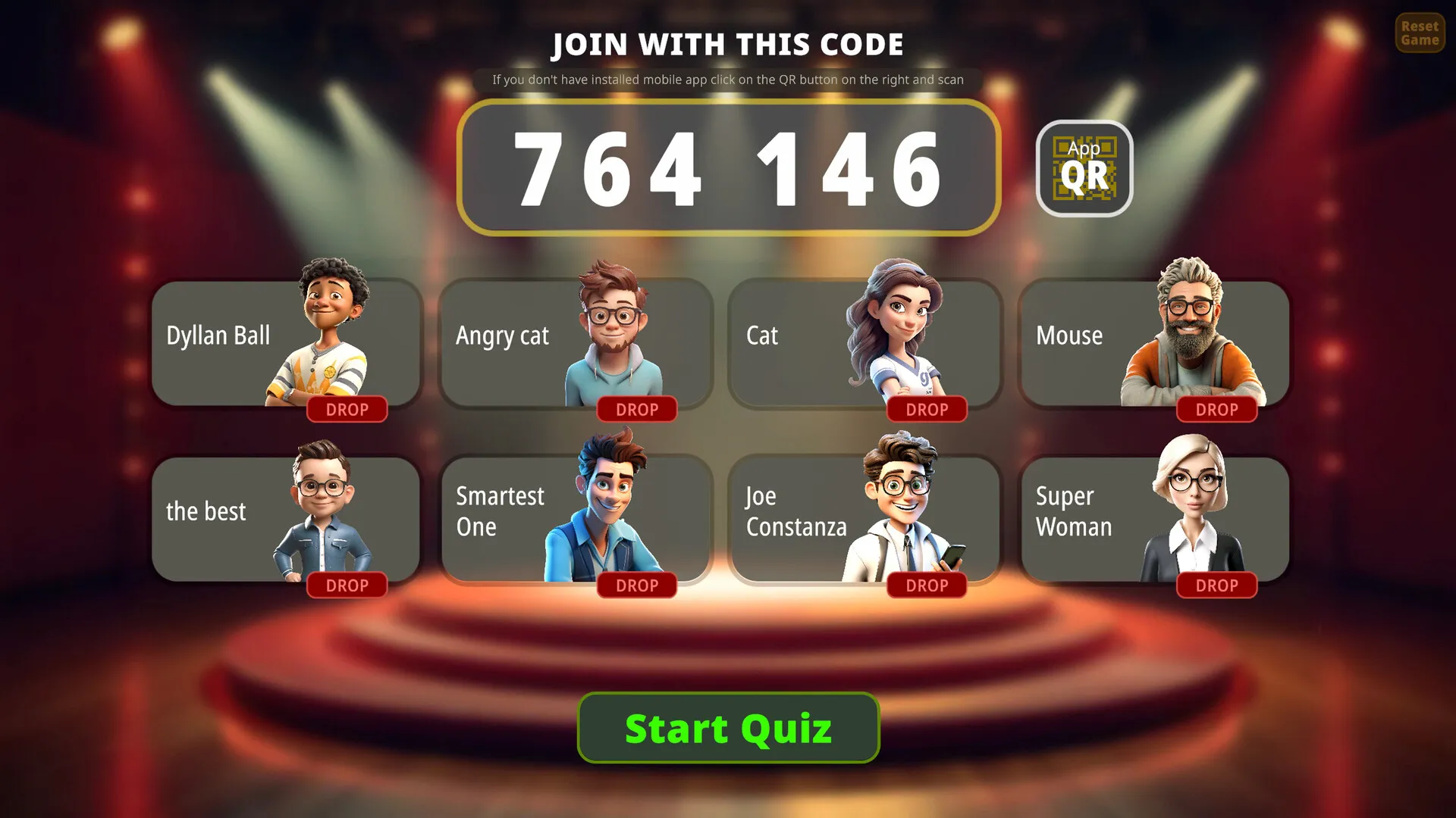 Players joining a Quizy Peasy game with a room code