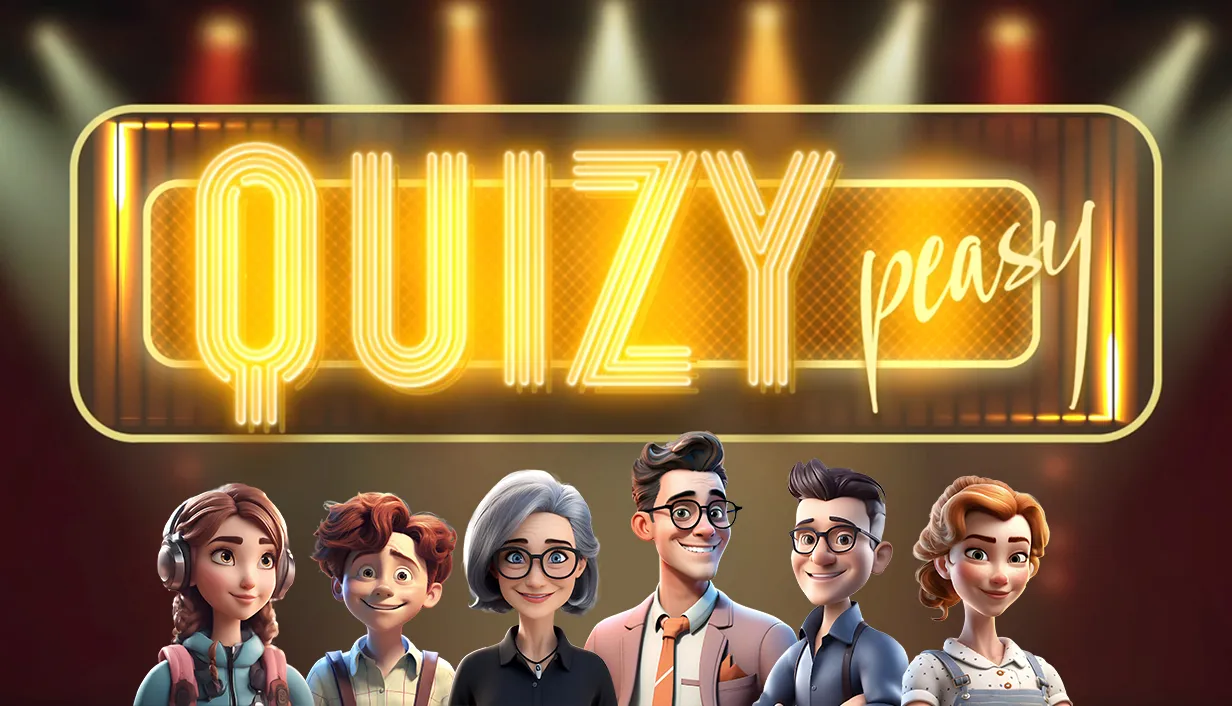 The Quizy Peasy contestants beneath the glowing golden game-show logo
