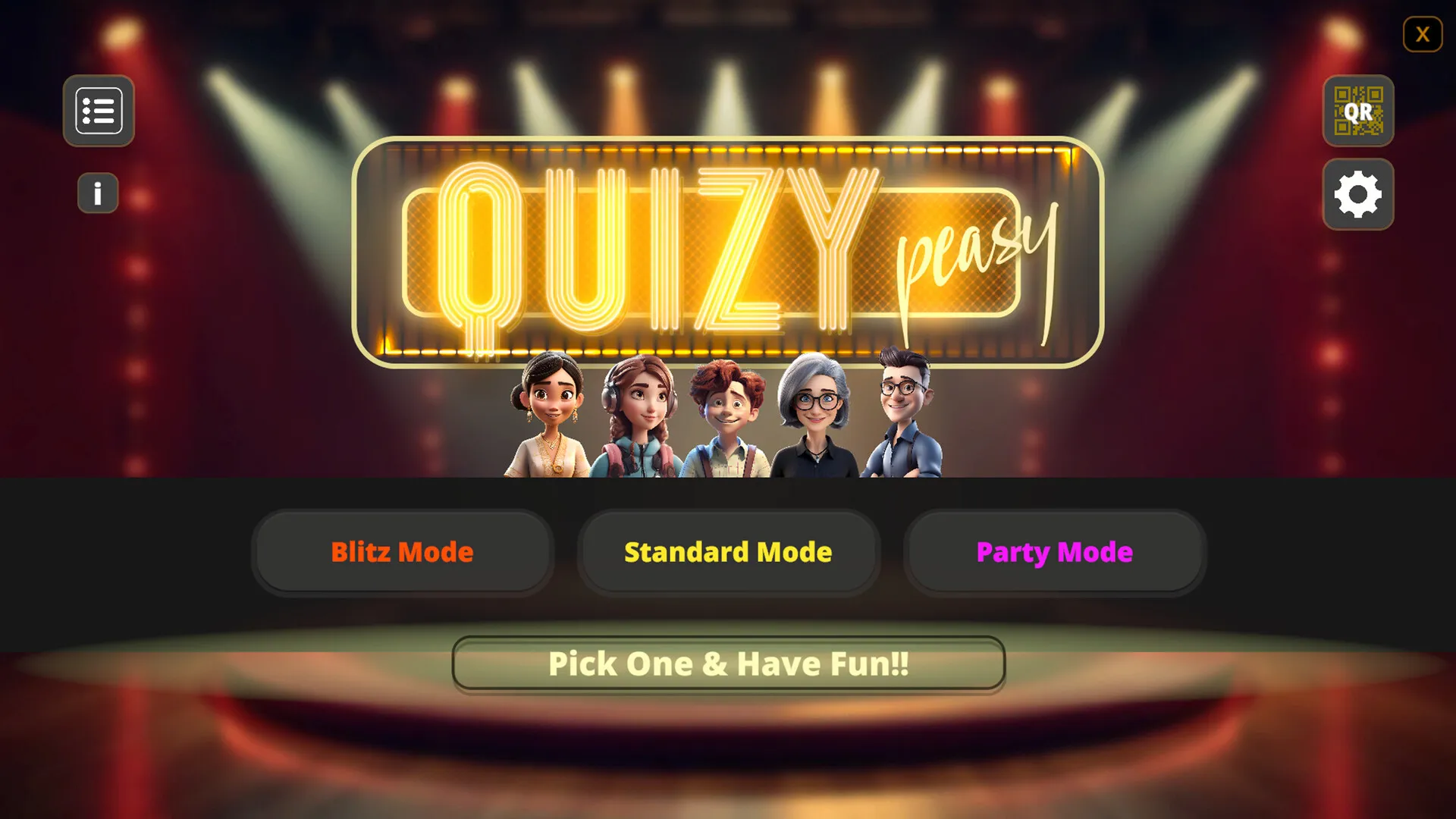 Quizy Peasy main menu with Blitz, Standard and Party modes