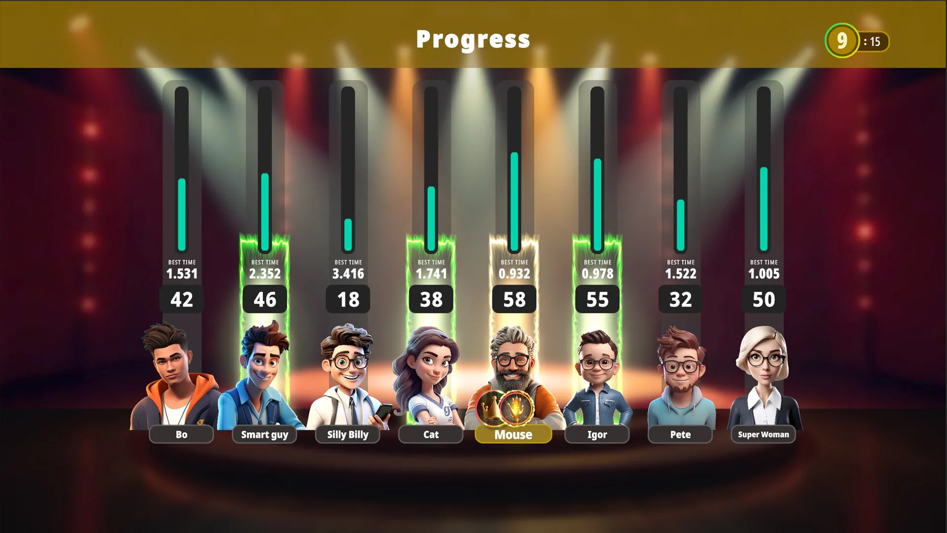 Quizy Peasy results screen with player scores and best times